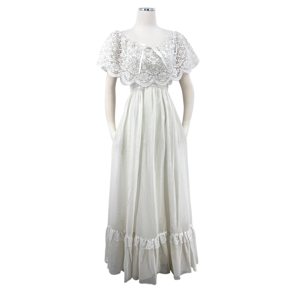 Vintage 1970s Ivory‎ Capelet Prairie Boho Hippie Maxi Dress